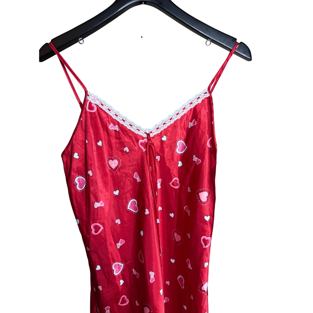 Fashion Bug Red Satin Heart Print Lace Trim Chemise Nightgown Medium - Picture 2 of 6